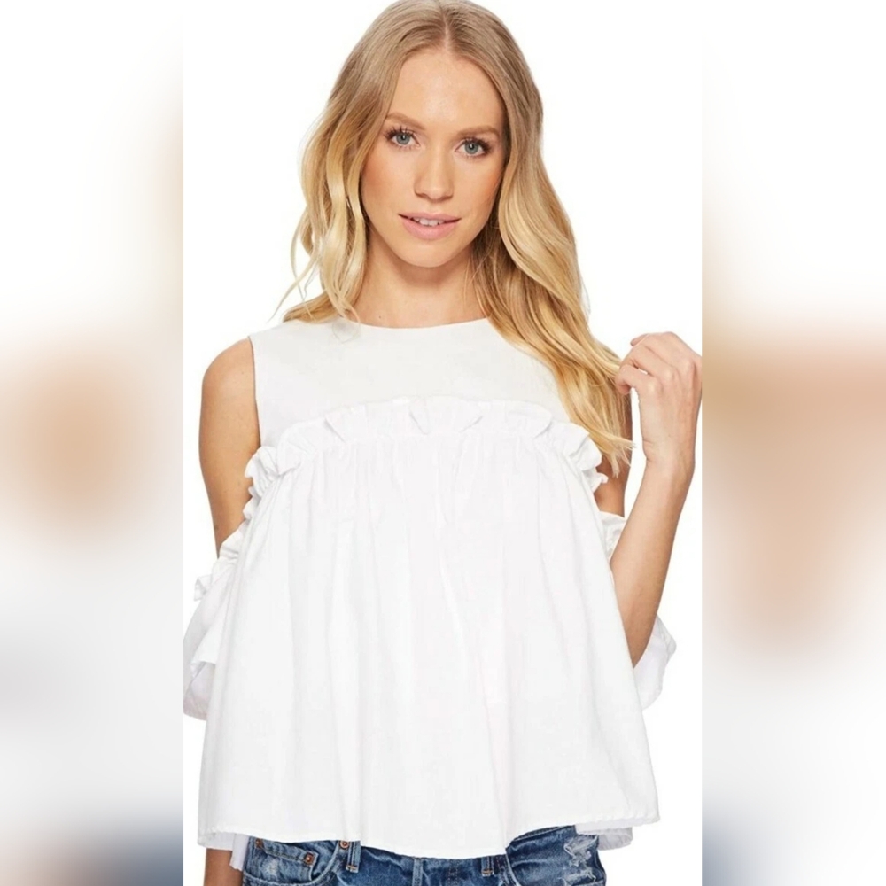 J.O.A. 100% Linen White Ruffle Blouse